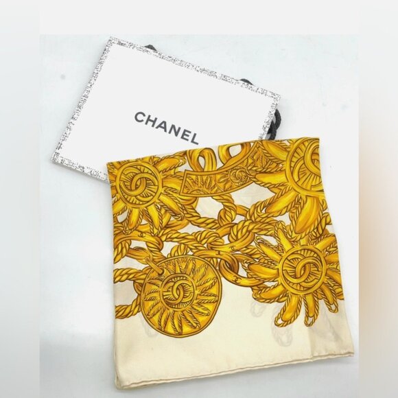 Chanel Coco Mark Silk Scarf White and Yellow - Picture 1 of 16